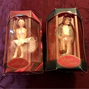 Two 1998 10th Anniversary Carlton Cards Ornaments. Marilyn Monroe & James Dean